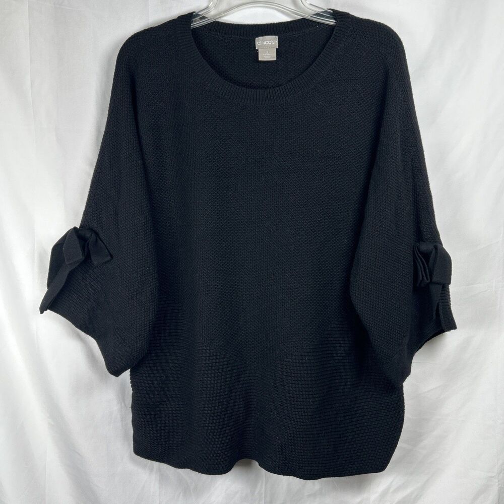 Chico’s Knit Black Sweater Tie Sleeves Women’s Large Pullover
